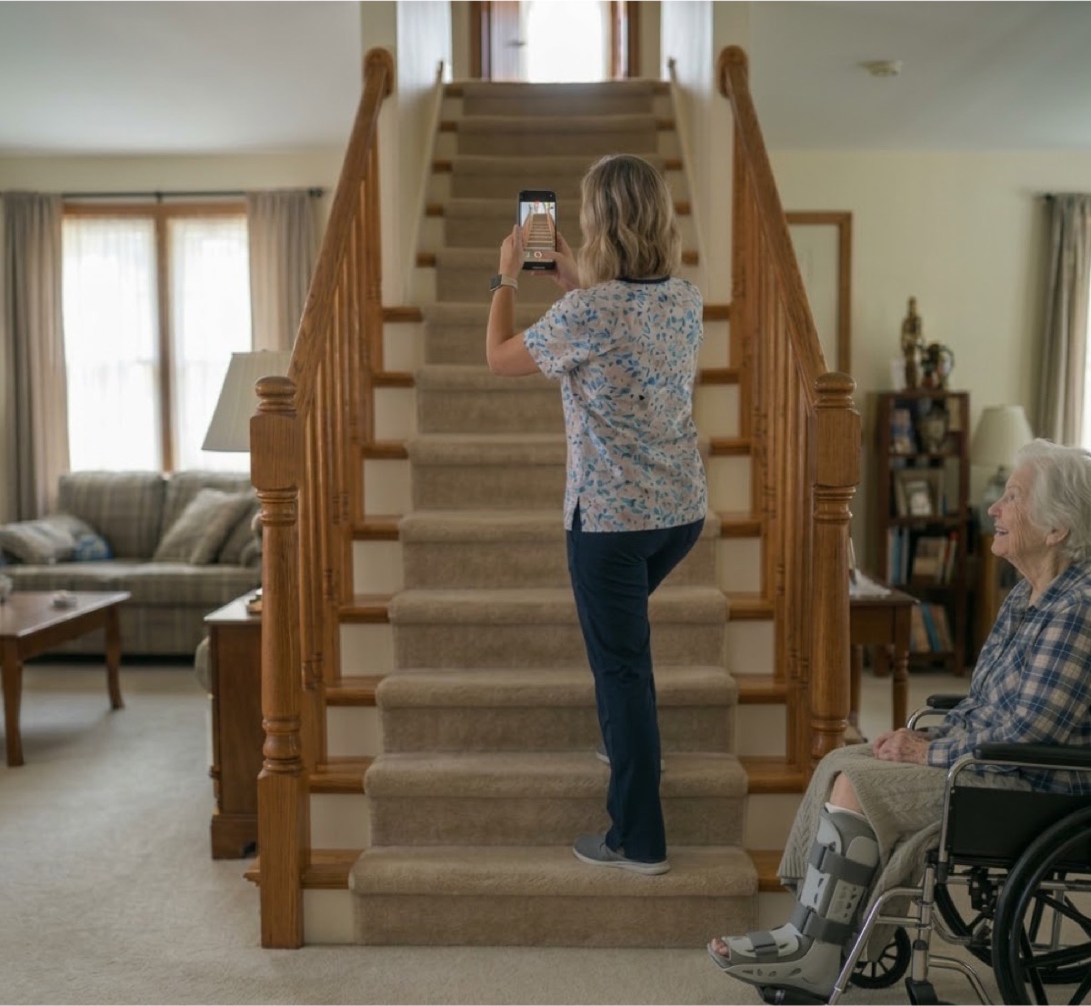 A daughter capturing the staircase with her phone while her mother watches from her wheelchair