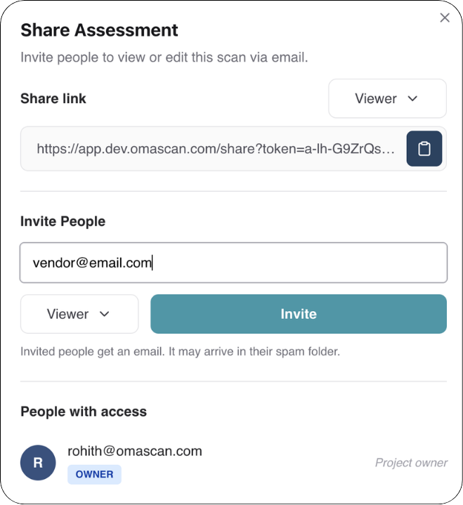 The share dialog: a share link set to Viewer, a field to invite someone by email, and the list of people with access