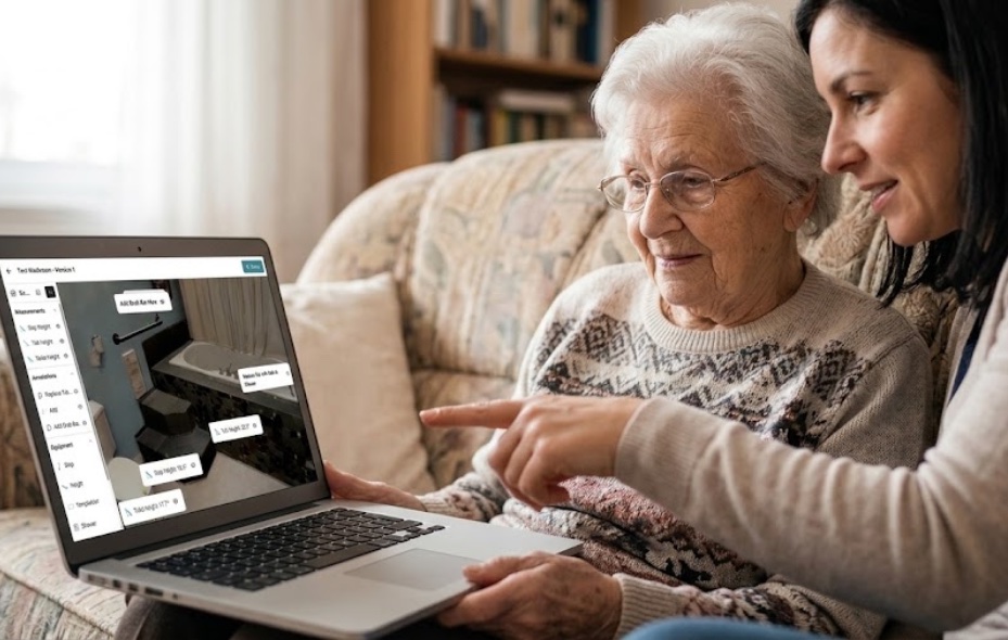 An assessor showing an older client her scanned bathroom on a laptop