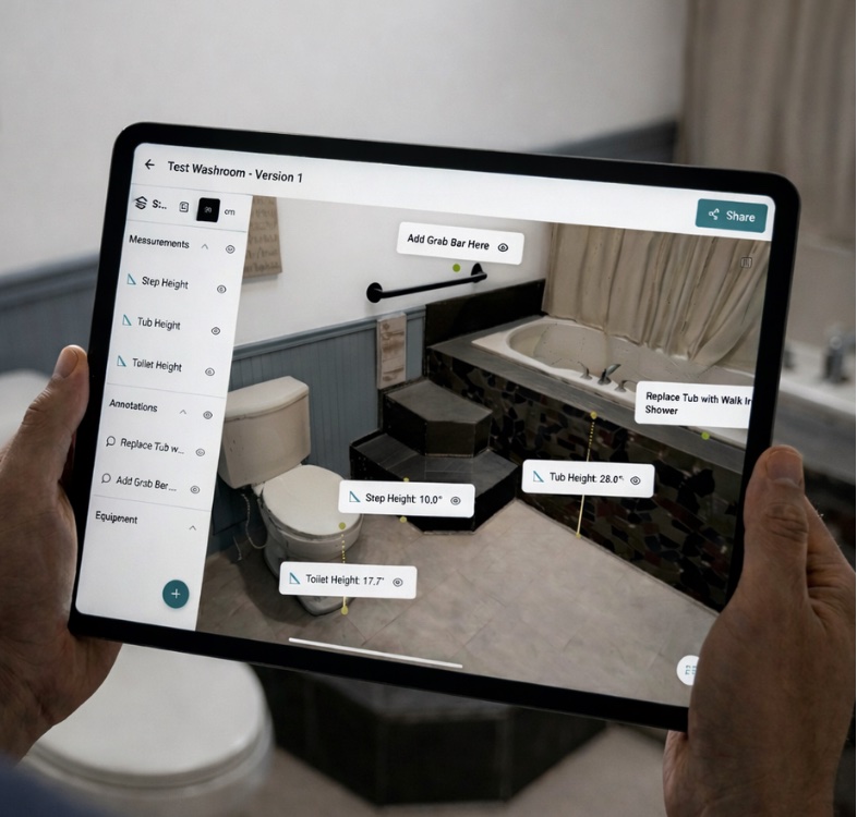 OmaScan on an iPad: a scanned bathroom with measurements and a grab bar placed